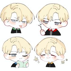 four different facial expressions of a boy with blonde hair, glasses and a black shirt