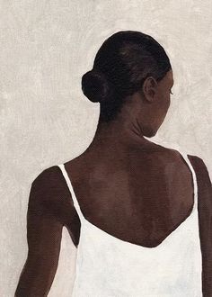 a painting of a woman in white shirt and black pants with her back turned to the camera