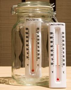 two thermometers are in a jar on a table