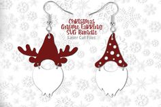 two red and white reindeer antlers are hanging from silver ear wires with snowflakes in the background