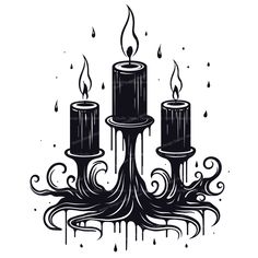 black and white drawing of three candles with water droplets on them, in the shape of an upside down chandelier