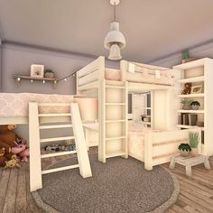 a room with bunk beds, shelves and stuffed animals on the carpeted flooring