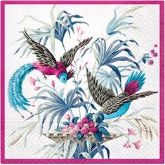 two birds are flying over some flowers on a pink and white paper beverage wrapper