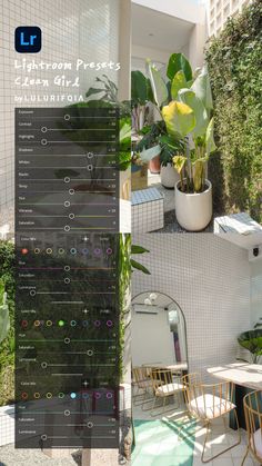 a table and chairs in front of a house with plants on the outside wall, next to a planter filled with potted plants