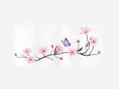 a white shower curtain with pink flowers and a purple butterfly