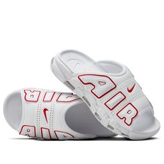 Nike Air More Uptempo Slide 'White Red' FD9884-100 White Sporty Slides For Outdoor, Casual White Slides For Outdoor, Sporty Slides With Air Cushioning For Sports, Sporty White Breathable Slides, White Sports Slides With Cushioned Footbed, White Cushioned Slides For Sports, Sporty White Slides For Sports, Slides Nike, Nike Air More Uptempo