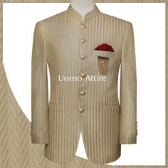 Description Luxurious golden customized Prince coat in fully embroidered fabric looks elegant for your big day, Luxury Long Sleeve Blazer For Weddings, Luxury Long Sleeve Wedding Blazer, Elegant Formal Fall Bandhgala, Elegant Formal Bandhgala For Fall, Elegant Fall Bandhgala For Formal Occasions, Elegant Cream Bandhgala For Festive Occasions, Elegant Suits With Gold Buttons For Semi-formal Occasions, Elegant Beige Nehru Jacket With Long Sleeves, Elegant Long Sleeve Nehru Jacket For Party