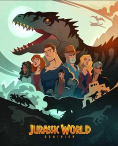 the movie poster for jurasic world featuring two men and a woman in front of a dinosaur