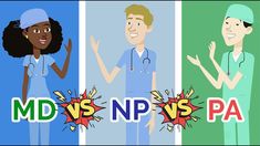 three cartoon characters with the words md vs n p s pa and an image of two doctors