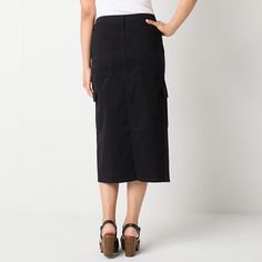 This a.n.a women's midi cargo skirt is the perfect blend of style and utility. Cut to a high-rise, it's made from comfortable stretch-cotton twill with a button-zip fly, multiple pockets, and a split at the front. Pair it with a blouse and heels or a t-shirt and sneakers.Front Style: Flat FrontClosure Type: Button & ZipperClosure Location: FrontPockets: 2 Back Flap Pockets, 2 Front Slip Pockets, 2 Cargo Side PocketsRise: High RiseApparel Length: 31 InchesFiber Content: 98% Cotton, 2% SpandexFab… Black Cotton Midi Bottoms, Black Cotton Midi-length Bottoms, Spring Cargo Skirt With Cargo Pockets, Utility Style Black Skirt With Cargo Pockets, Utility Black Skirt With Cargo Pockets, Black Cargo Skirt For Spring Workwear, Black Cargo Skirt With Pockets For Work, Casual Black Cargo Skirt For Work, Black Workwear Skirt With Cargo Pockets