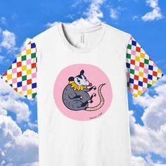 Clown possum weirdcore clowncore tee for gen z ✿ ✿ ✿ This tee is 100% super soft polyester, tagless, and true to size. Available in sizes S to 3XL. ✿ ✿ ✿ These items are made one at a time as they're ordered to reduce overproduction, so it may take a little longer to get to you, but it is better for the environment! ✿ ✿ ✿ Thanks for checking out the shop! Love, Conno Masc Clowncore Outfits, Playful Multicolor T-shirt For Streetwear, Clown Possum, Clown Core Outfit, Dreamcore Outfits, Clowncore Clothes, Weirdcore Fashion, Clowncore Fashion, Clowncore Outfit