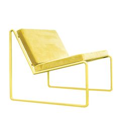 a yellow lounge chair sitting on top of a metal frame in front of a white background