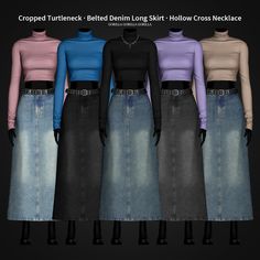 four different colored tops and skirts are shown in the same color as each outfit,