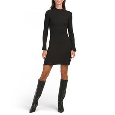 Brand New Color: Black Ribbed Design Long Sleeve, Mock Neck, Mini Dress 35in Long, Taken From Size S Pull On Rayon/Polyester Imported Machine Wash Black Ribbed Stretch Mini Dress, Casual Slim Fit Black Dress, Black Ribbed Fitted Mini Dress, Black Fitted Ribbed Mini Dress, Fitted Black Ribbed Mini Dress, Black Stretch Sweater Dress For Work, Fitted Black Winter Dress, Fitted Black Dress For Winter, Chic Black Slim Fit Mini Dress