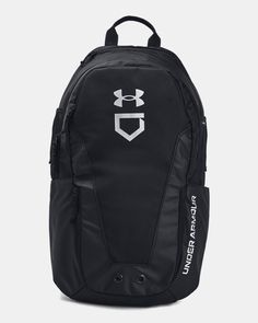 the under armour backpack is black with white letters and an emblem on the front pocket