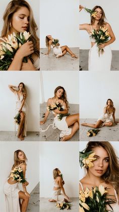 a woman in white dress holding flowers and posing for the camera