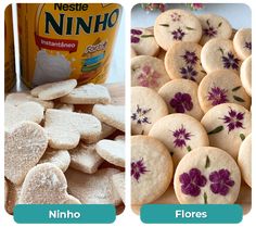 two pictures showing different types of cookies and one has flowers on it, the other has powdered sugar