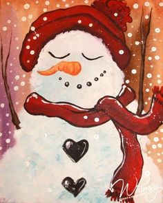 a painting of a snowman wearing a red hat and scarf