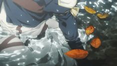 an anime character is standing in the water and looking at some oranges on the ground