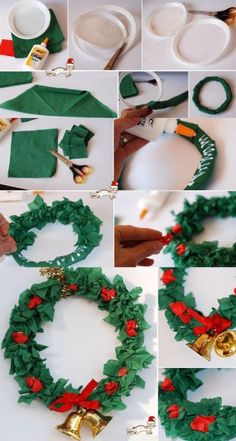 instructions to make a christmas wreath out of felt and yarn with bells, ribbon, holly leaves