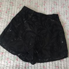 Black Sequin High Waisted Short Fly Zip With Hook Closure Nwot- Never Worn Polyester Size: Medium - Perfect For A Size 6 Laying Flat Measurements Waist: 13.5 Inches Rise: Approximately 15.5 Inches Elegant Shorts For Night Out With Short Leg, Elegant Short Bottoms For Party, Summer Evening Shorts, Summer Evening Short Bottoms, Summer Evening Short Length Bottoms, Short Length Summer Evening Bottoms, Elegant Shorts For Night Out With Short Inseam, Elegant Shorts With Short Inseam For Night Out, Elegant Bottoms With Built-in Shorts For Night Out