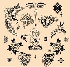 an assortment of tattoo designs on a beige background with black and white ink, including the symbols