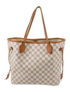 Louis Vuitton ToteNeutrals Coated CanvasGraphic PrintBrass HardwareLeather TrimDual Shoulder StrapsLeather Trim EmbellishmentCanvas Lining & Single Interior PocketClasp Closure at Top Damier Azur Neverfull, Louis Vuitton Damier Azur, Damier Azur, Tote Handbags, Louis Vuitton Damier, Print Patterns, Women Handbags, Louis Vuitton, Trim