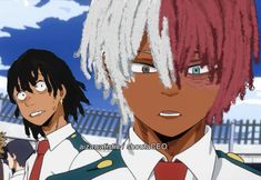 two anime guys with red hair and white dreadlocks are staring at the camera