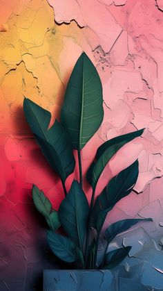 a potted plant sitting on top of a table next to a wall covered in peeling paint