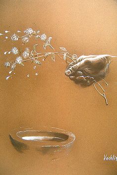 a drawing of a hand reaching for a plant with white flowers on it and another hand holding something