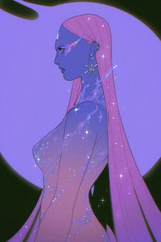 a woman with pink hair standing in front of a purple moon and stars on her face