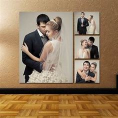 a couple is posing in front of their wedding pictures on the wall with wood flooring