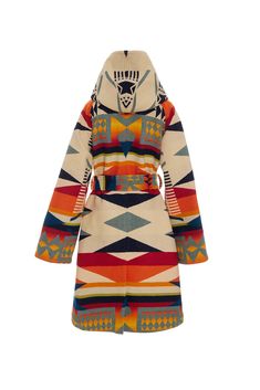 Most Orders Ship within 1-2 Business Days Mid-length and hooded unlined robe with raglan sleeves, waist tie with belt loops and lined patch pockets. Napped Pendleton blanket: 82% wool, 18% cotton and wool cashmere facings. A made-in-America wool blanket in a dazzling geo pattern. It's based on a Native American legend that says a hero disguised himself as a rabbit to capture fire for his people, a victory honored in this vivid design. Lindsey Thornburg allocates a portion of website profit to va Multicolor Long Sleeve Fall Robe, Pendleton Fabric Poncho, Blanket Coat Pendleton Woolen Mills, Lindsey Thornburg, Pendleton Jacket Pendleton Woolen Mills, Pendelton Blanket Coat, Native American Legends, Pendleton Blanket, American Gifts