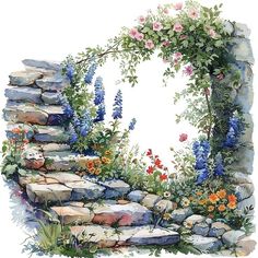 a watercolor painting of a stone wall with flowers and plants growing out of it