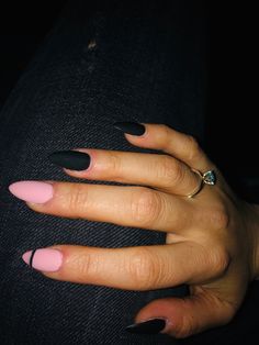 Nail Ideas Sept 2024, Black And Pink Matte Nails, Black And Pink Almond Nails, Black And Baby Pink Nails, Baby Pink And Black Nails, Matte Black Almond Nails, Black And Pink Nails Ideas, Almond Winter Nails, Pink Nude Nails