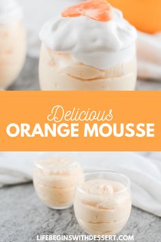 an orange mousse with whipped cream on top and two small glasses filled with it