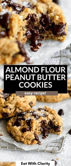 chocolate chip cookies with text overlay that reads, almond flour peanut butter cookies