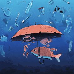 an image of a fish under an umbrella surrounded by plastic bottles and trash floating in the ocean