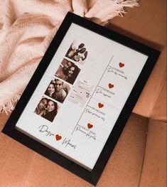 a framed family photo with hearts on it