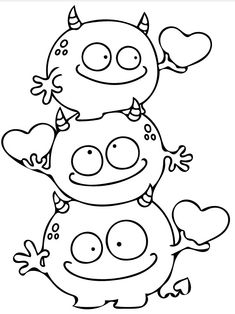 a black and white drawing of two cartoon monsters with hearts on their heads, one is holding