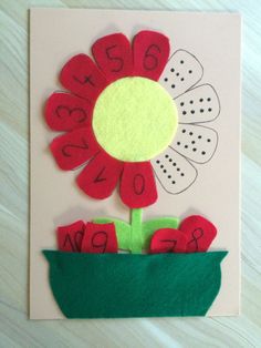 a card with felt flowers and numbers on it