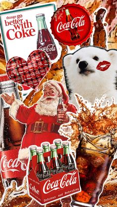 collage of coca - cola, polar bear and other christmas related items with santa claus