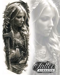 a woman with long hair and tattoos on her arm is next to an image of a warrior