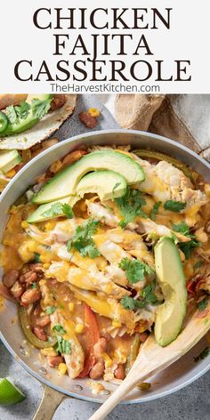 chicken fajita casserole in a skillet with avocado and cilantro