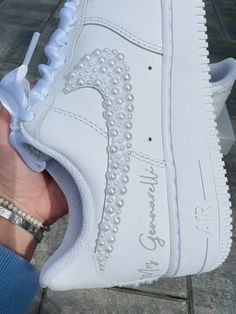 Blinged out bridal Air Force 1 sneakers personalized for the brides special day 👰🏻 **PLEASE READ LISTING CAREFULLY**  SNEAKERS: This listing if for Nike Air Force 1, if you would like something different please message me :) Personalization section please add: *your name  *date of wedding *if you want them without any customization please type (no customization) NOTE: A proof of your lettering will be sent to you within 72 hours of purchasing, please check your messages to approve image. If se Air Force 1 Wedding, Sneaker Wedding, Bridal Era, Bridal Clothes, Wedding Shoes Sneakers, Queens Wedding, Lace Outer, Bridal Sneakers, Elopement Wedding Dresses