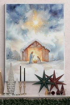 Framed Nativity art showing Mary, Joseph, and baby Jesus under a bright star. A heartwarming Christmas decor piece, great for gifting during the holiday season. Jesus Watercolor Painting, A Savior Is Born, Jesus Watercolor, Radiating Love, Joseph And Mary, Peaceful Home, The Nativity, Divine Light