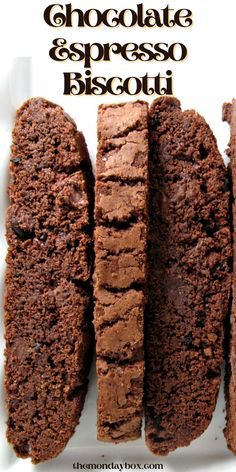 three chocolate espresso biscotti cookies on a white plate with the words, chocolate espresso biscotti