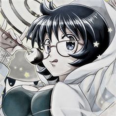 an anime character with black hair and glasses, holding a spoon in her right hand