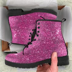 Need an appreciation gift for your Friend?   Women's Pink  Sparkle Glitter Custom Leather Boots,  Gifts for idea Cute Combat Shoes     * The design of these boots is meant to look like glitter, however there is no actual glitter on this product. * All of our Men's and Women's Faux Leather Boots are custom-made-to-order and handcrafted to the highest quality standards.  * Our unique designs are second to none. When is the last time you walked into a shoe store and found affordable boots in so man Pink Sparkly Boots, Sparkly Boots, Combat Shoes, Character Clothing, Barbie Core, Glitter Boots, Twinkle Toes, Custom Boots, Boot Shoes