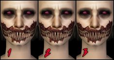 four different angles of the face of a creepy man with blood on his eyes and mouth